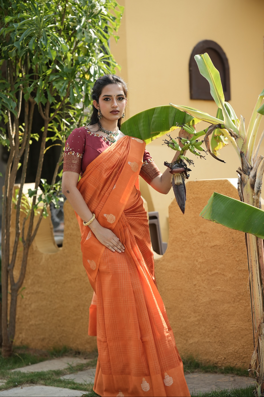 ORANGE - PURE BENARAS SILK SAREE WITH ALLOVER CHECKS