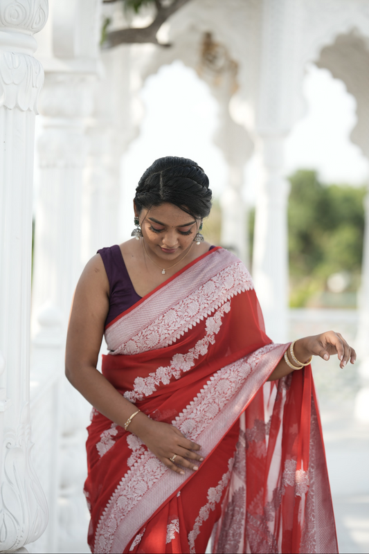 RED - PURE BENARAS GEORGETTE SAREE WITH ALLOVER ZARI WOVEN