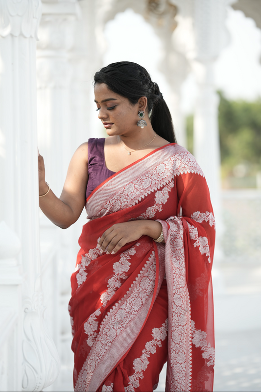 RED - PURE BENARAS GEORGETTE SAREE WITH ALLOVER ZARI WOVEN
