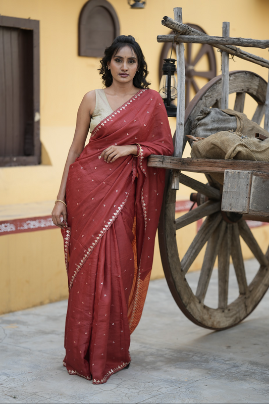 RED - PURE TUSSAR SAREE WITH ALLOVER MIRROR WORK ANS PITA WORK