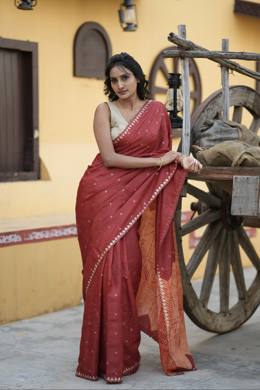 RED - PURE TUSSAR SAREE WITH ALLOVER MIRROR WORK ANS PITA WORK